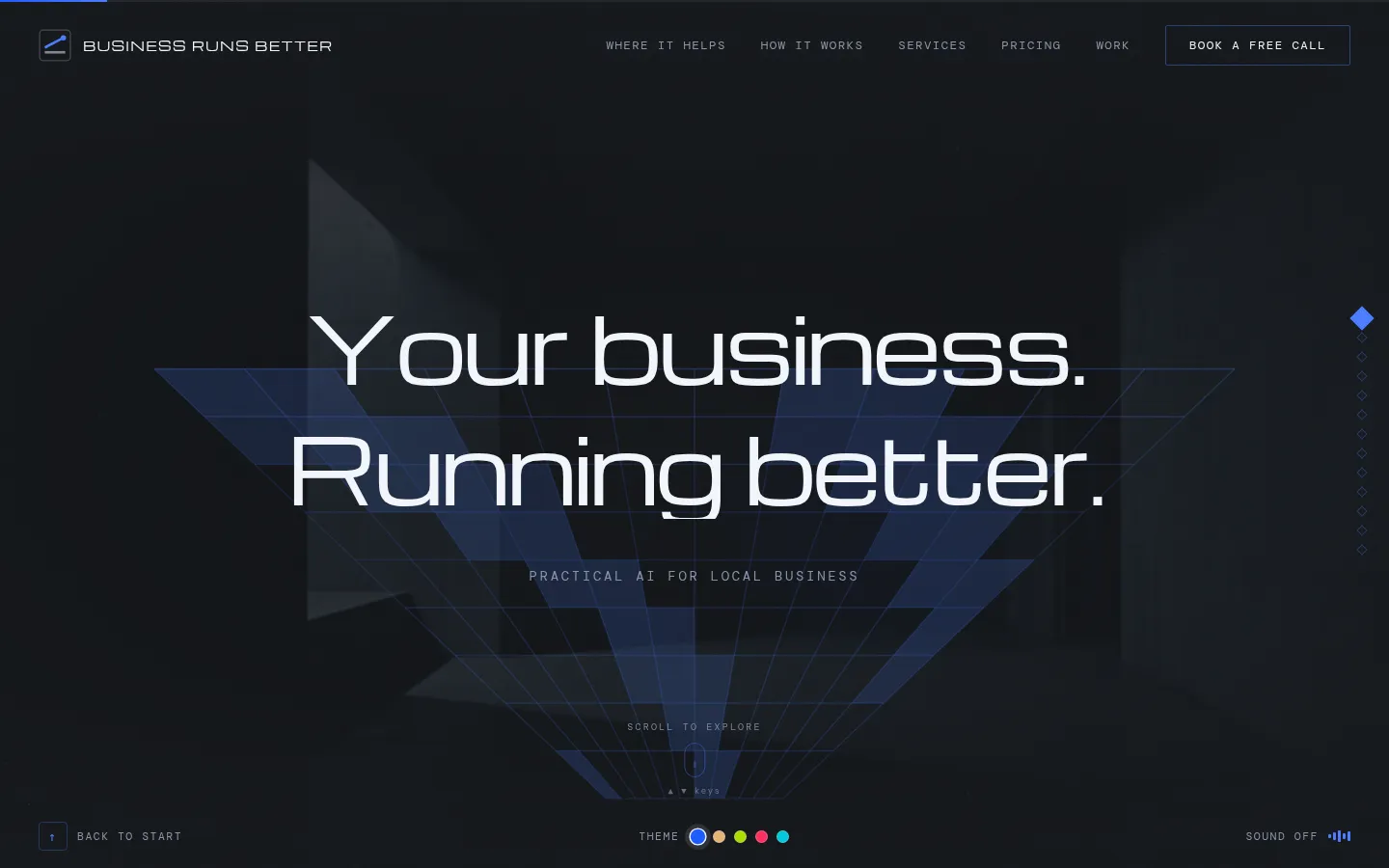 Business Runs Better homepage: 'Your business. Running better.' over an animated perspective grid
